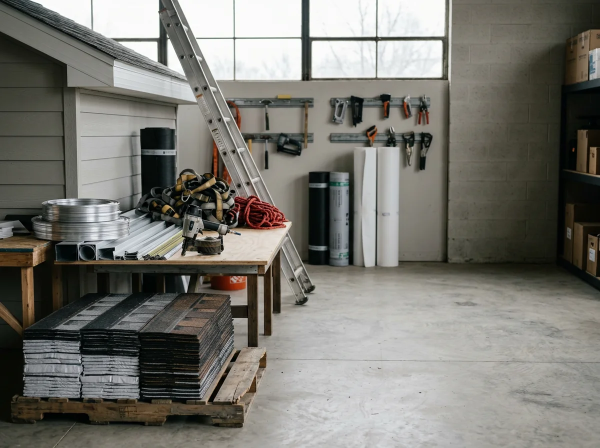 Professional roofing crew and tools on a residential job site, showcasing hands-on workmanship and equipment.