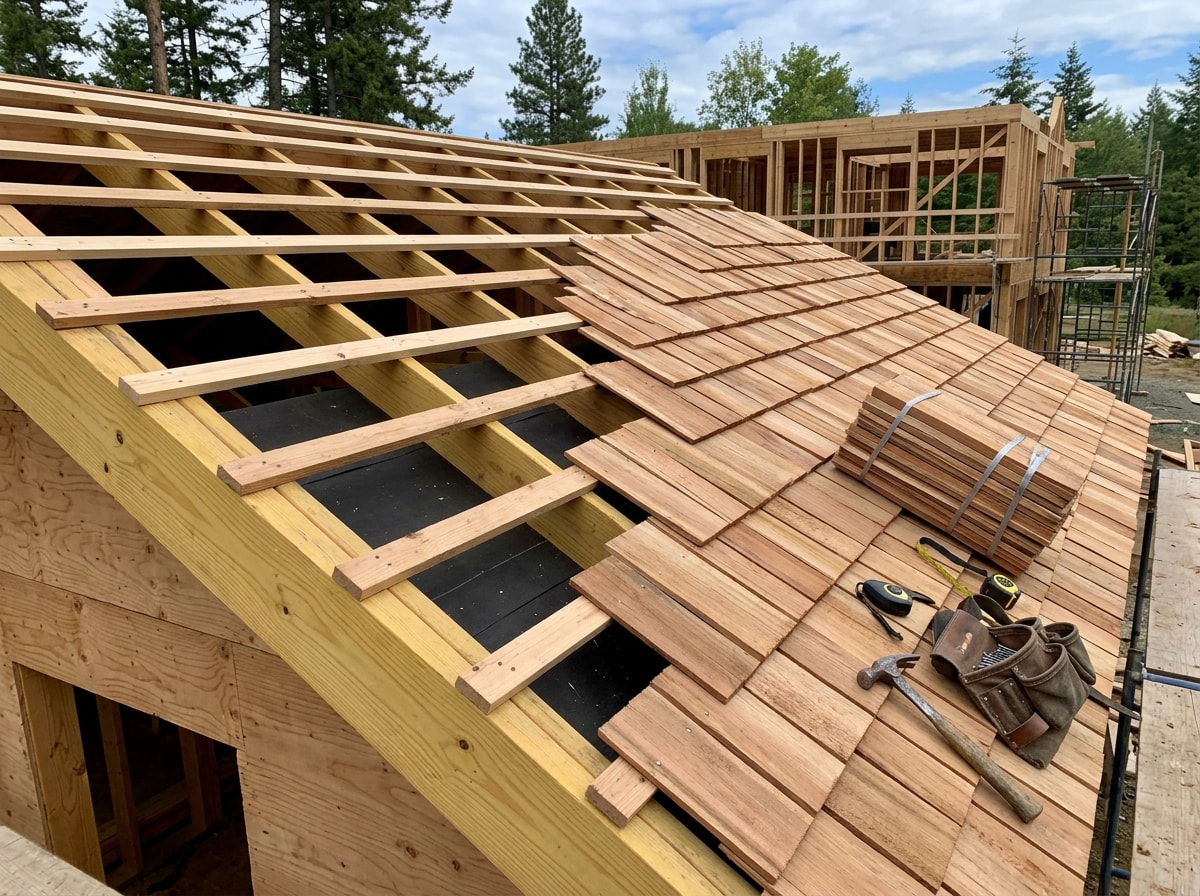 Roofing crew installing cedar shakes on an Omaha home with spaced sheathing visible