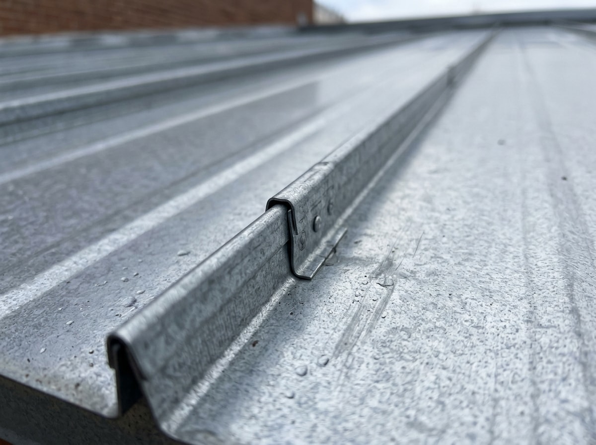 Close-up of a standing seam metal roof panel installed on a Springfield, MO commercial building