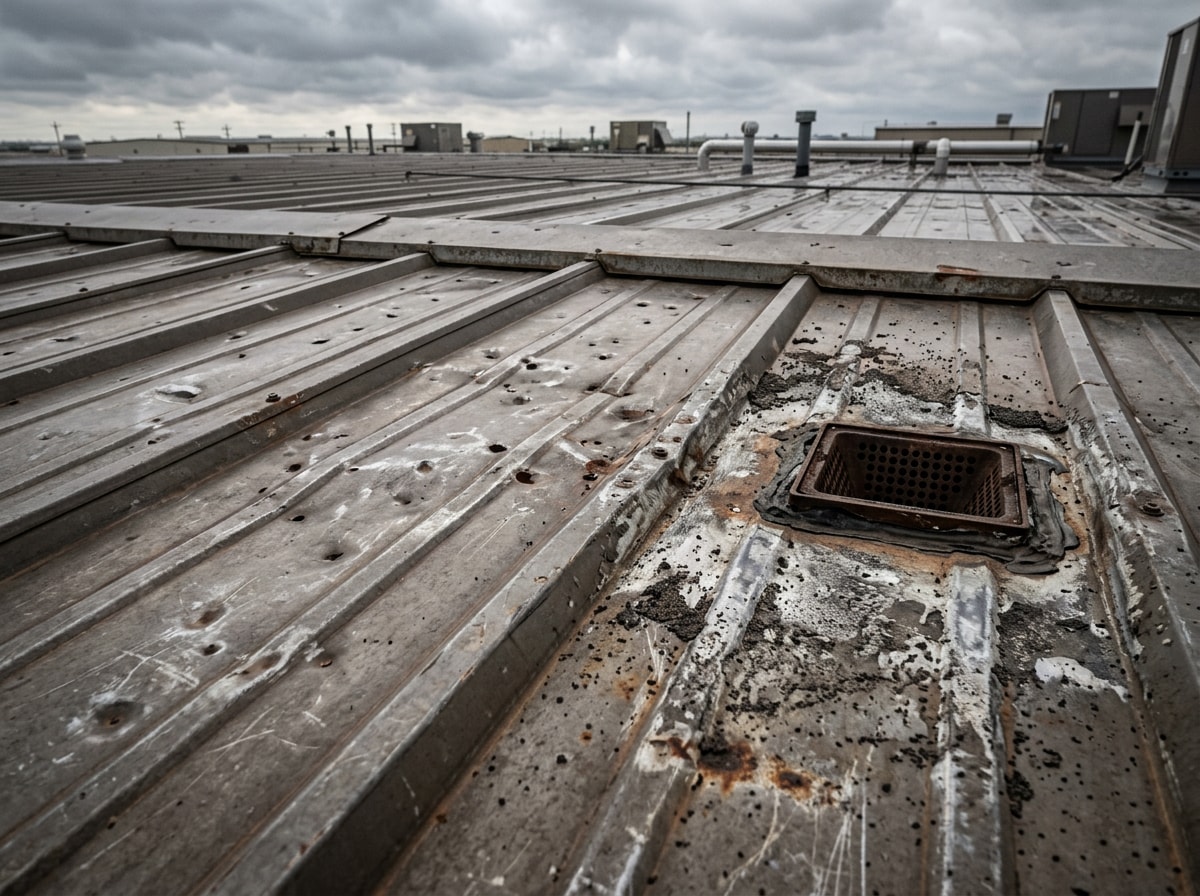 Storm-damaged commercial metal roof showing hail dents and granule loss in Springfield, MO