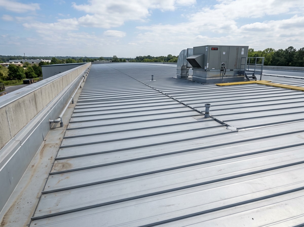 Commercial roofing crew inspecting a low-slope metal roof system in Springfield, Missouri