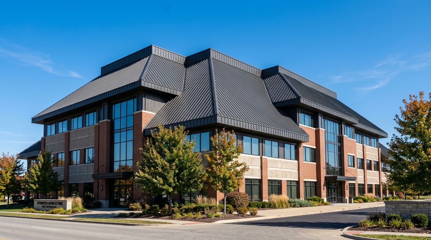 Commercial building in Springfield, MO with a newly installed standing seam metal roof
