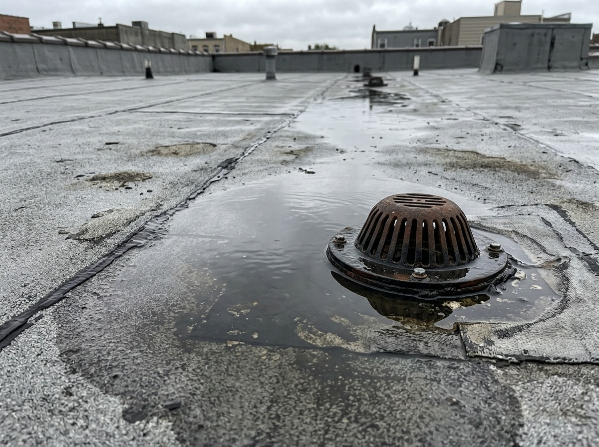 Standing water pooling on a flat roof section showing poor drainage near Lake of the Ozarks, MO