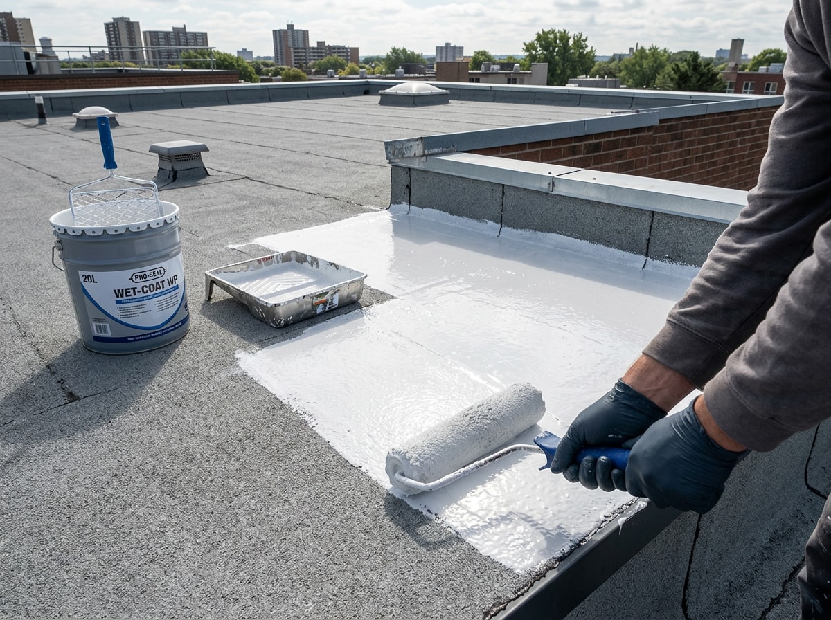 Technician applying a liquid waterproofing membrane coating to a flat roof section