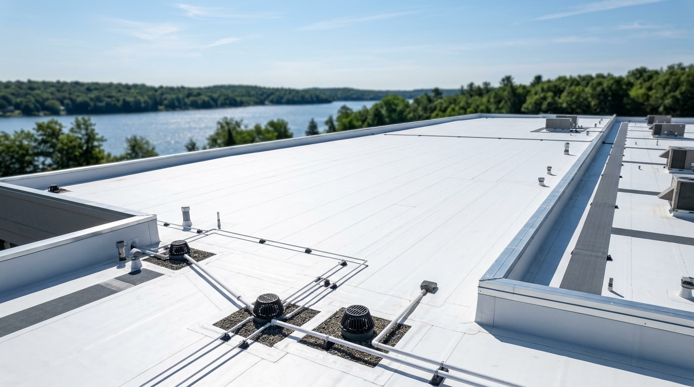 Freshly waterproofed flat roof membrane overlooking Lake of the Ozarks