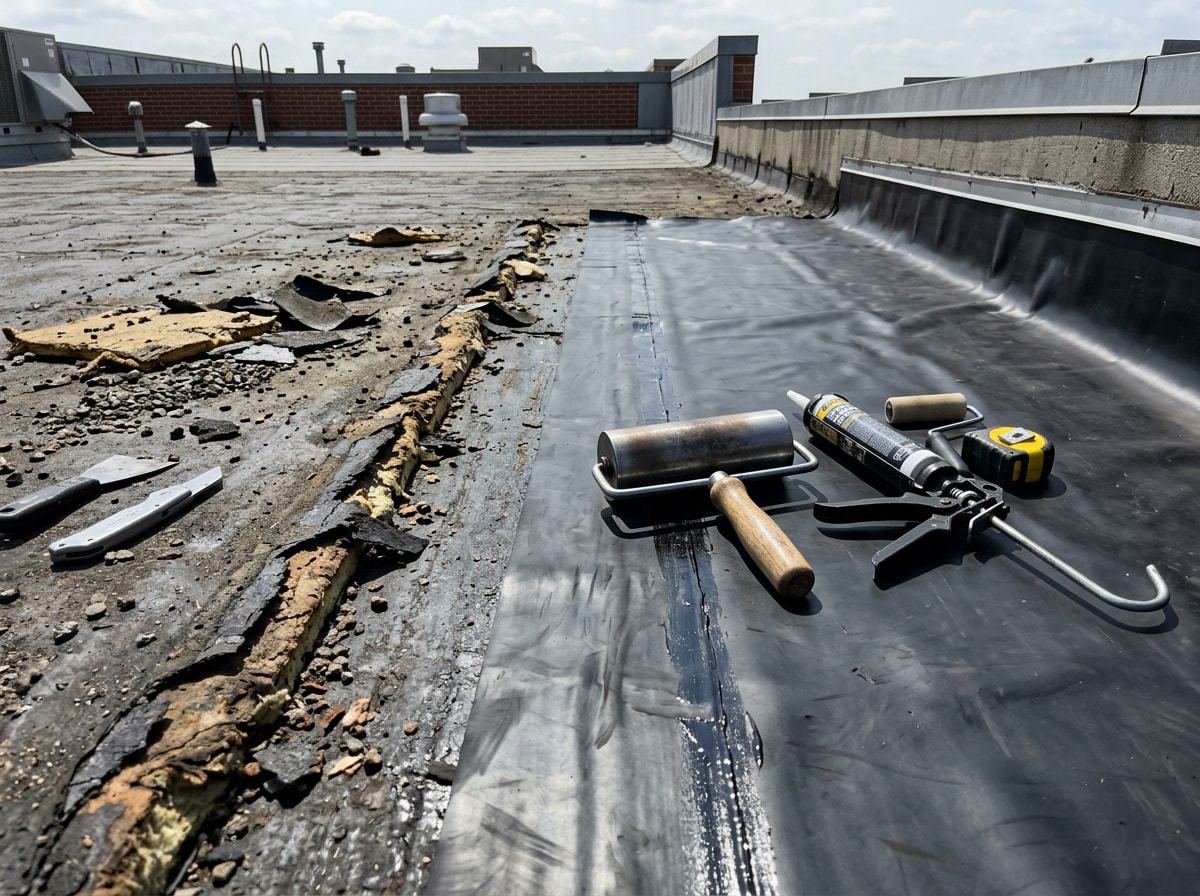 Roofing crew inspecting a flat roof membrane during a tear-off and replacement project in Jefferson City MO