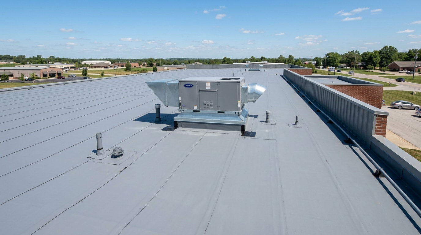 Newly installed flat roof membrane on a commercial building in Jefferson City, MO