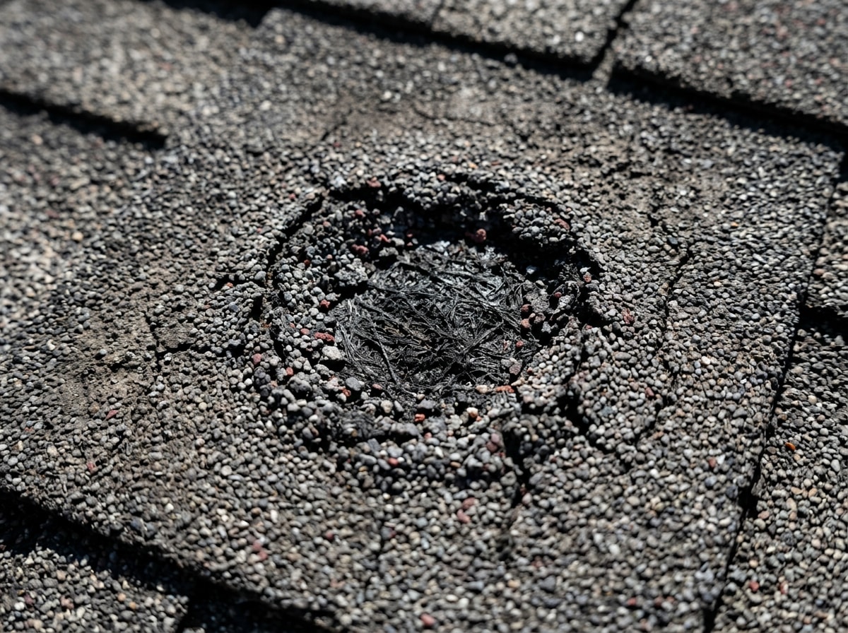 Close-up of hail-bruised asphalt shingle showing granule loss on a Kansas City roof