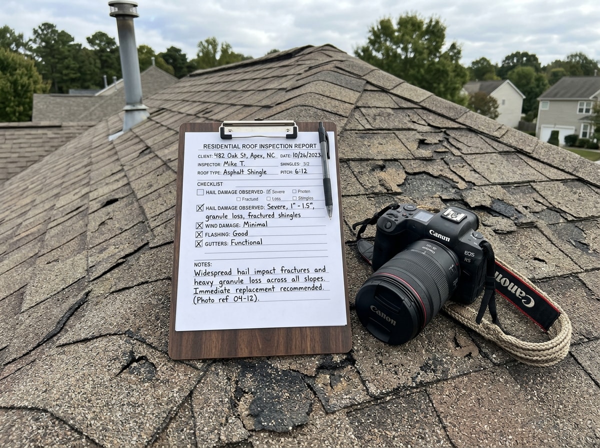 Roofing contractor documenting hail damage findings during a residential roof inspection