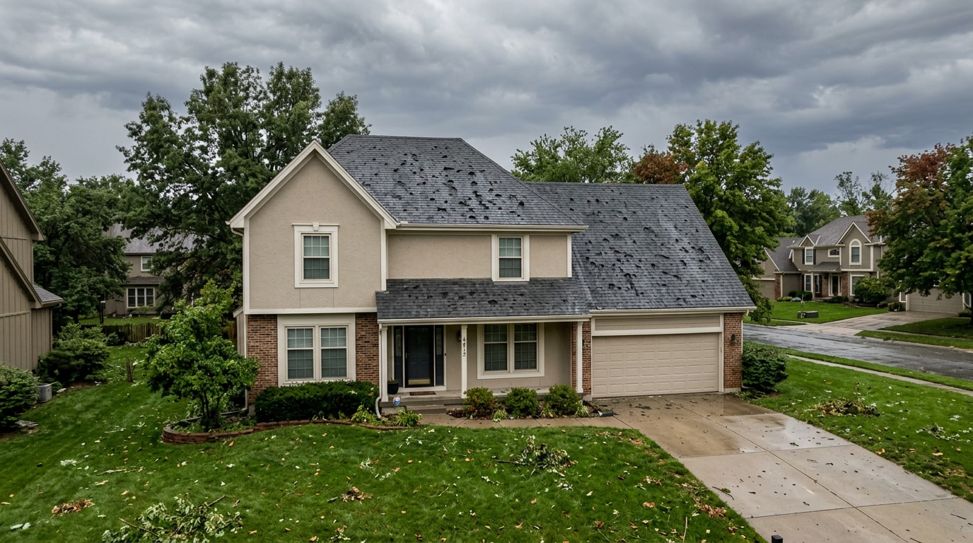 Suburban Kansas City home with asphalt shingle roof showing hail damage after a storm Suburban Kansas City home with asphalt shingle roof showing hail damage after a storm
