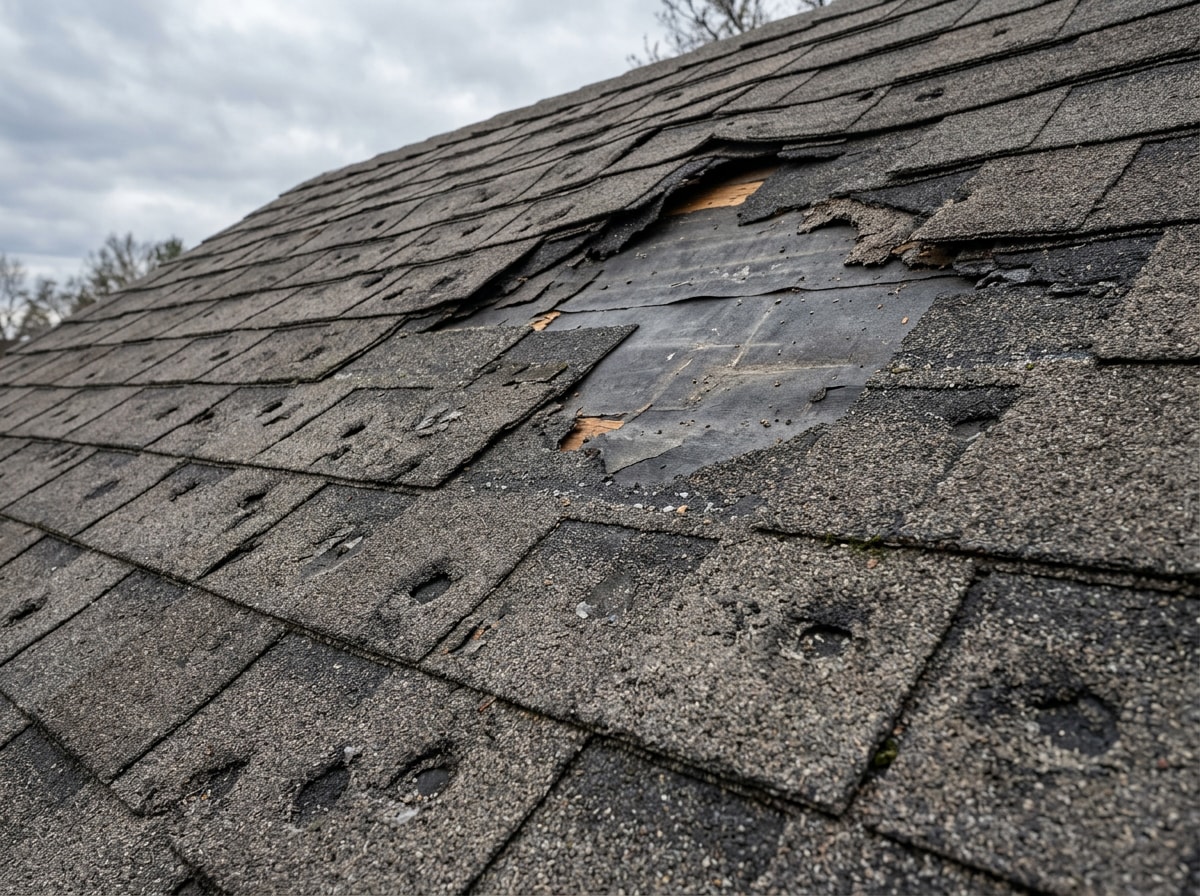 Hail and wind storm damage on a Missouri residential roof showing missing shingles