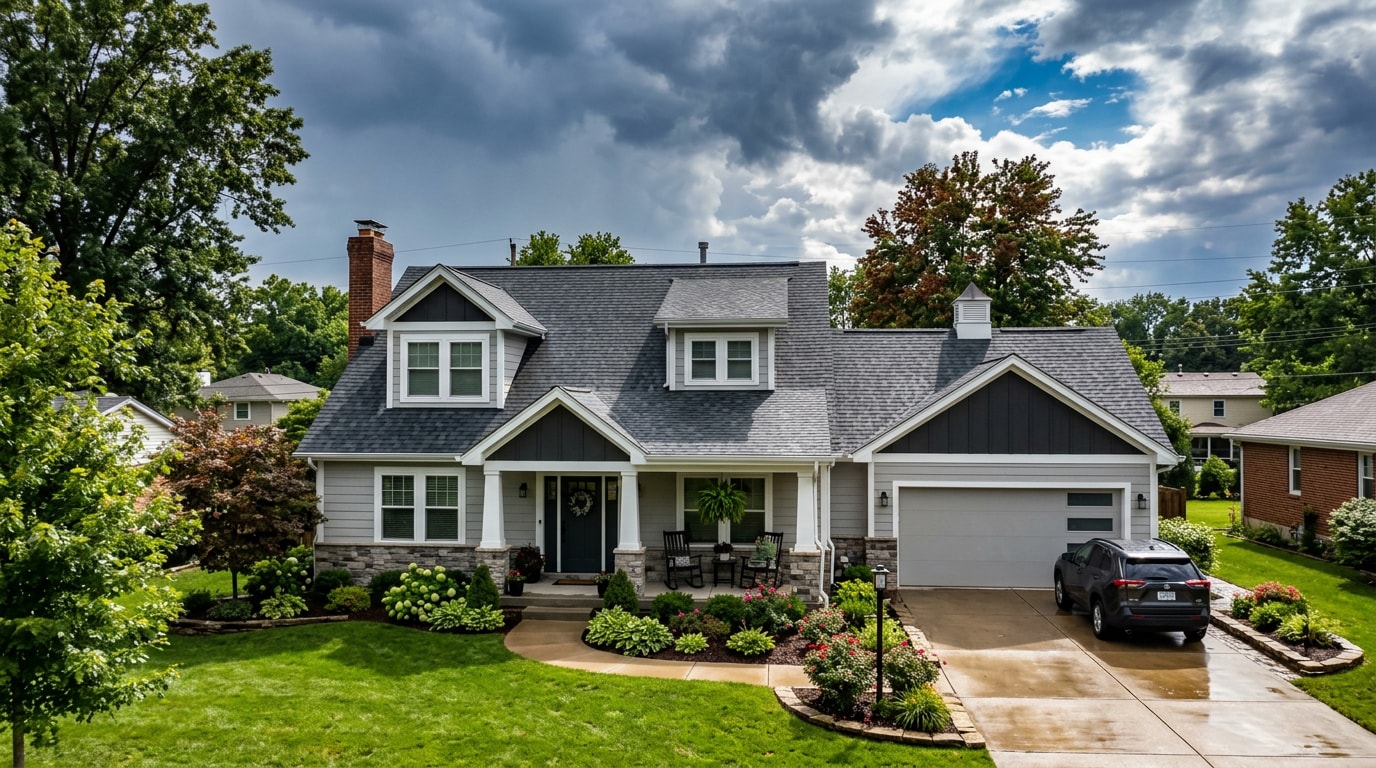 Finished long-lasting architectural shingle roof on a Missouri home under a stormy sky