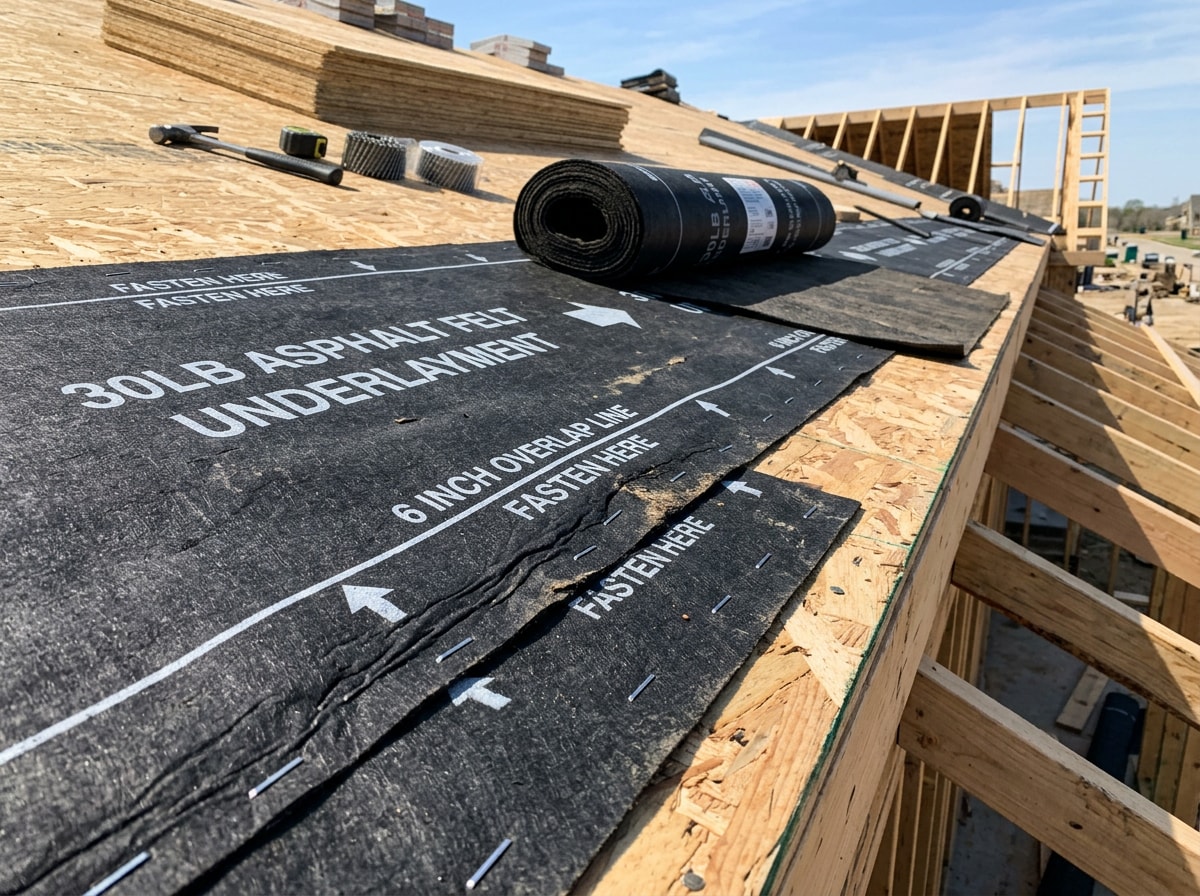 Roll of 30-lb asphalt-saturated felt underlayment being installed on a roof deck before metal panel installation