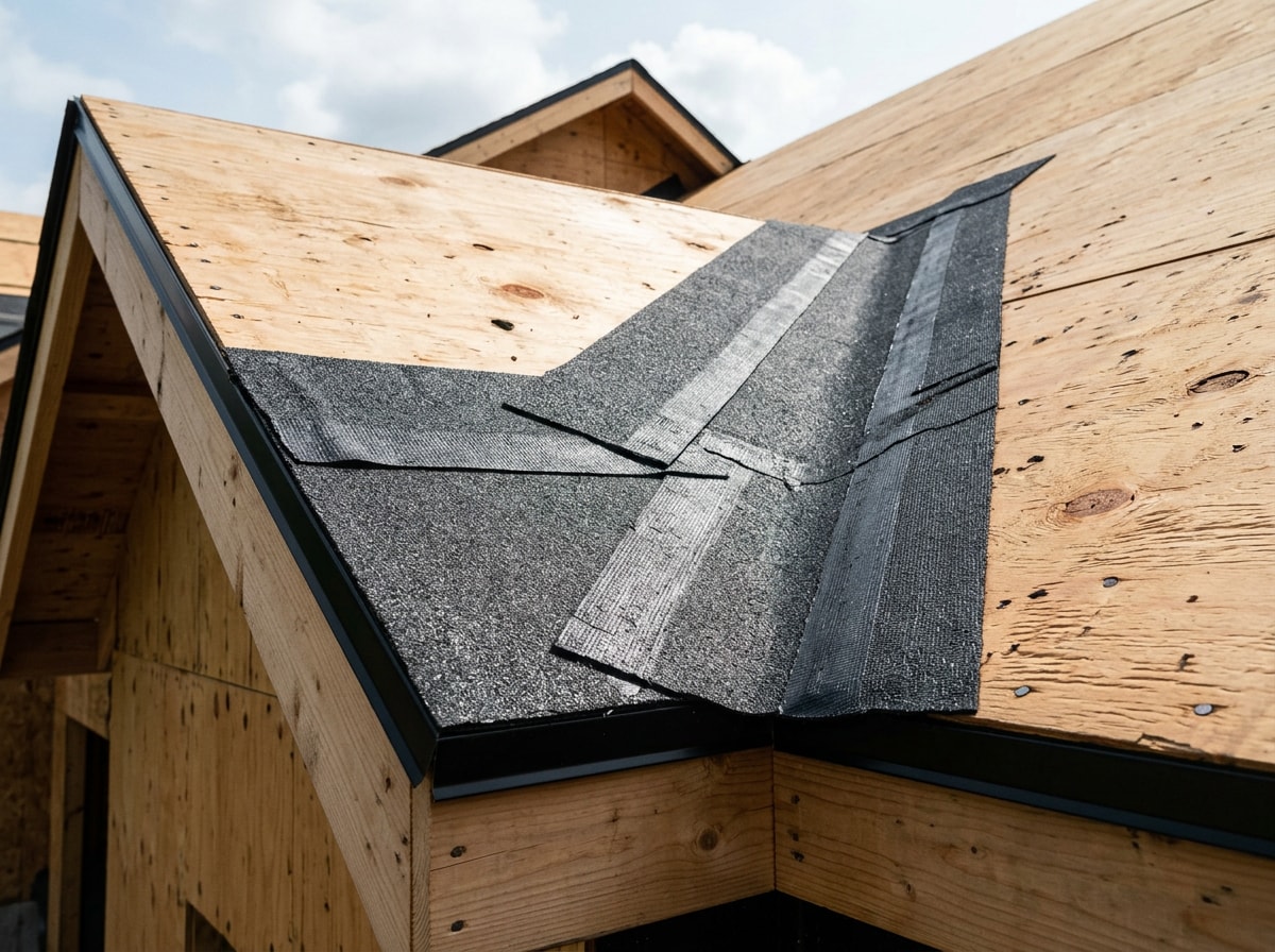 Diagram showing ice and water shield membrane placement along a roof eave and valley before metal panel installation