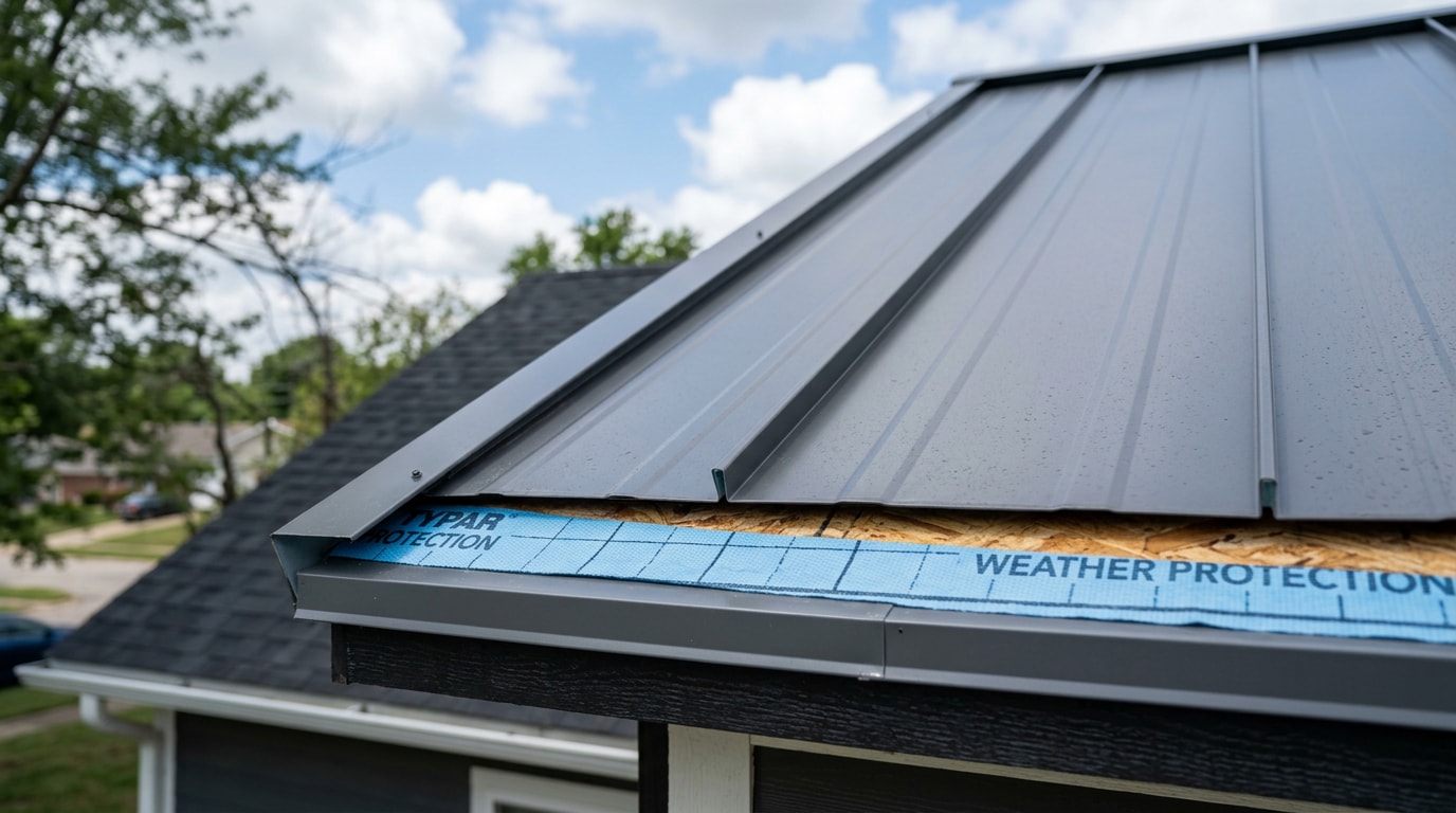 Standing seam metal roof installed over synthetic underlayment on a Jefferson City, MO home