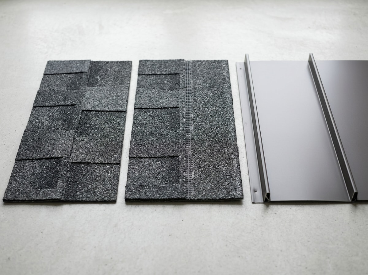 Comparison of asphalt, Class 4, and metal roofing panels showing material texture differences