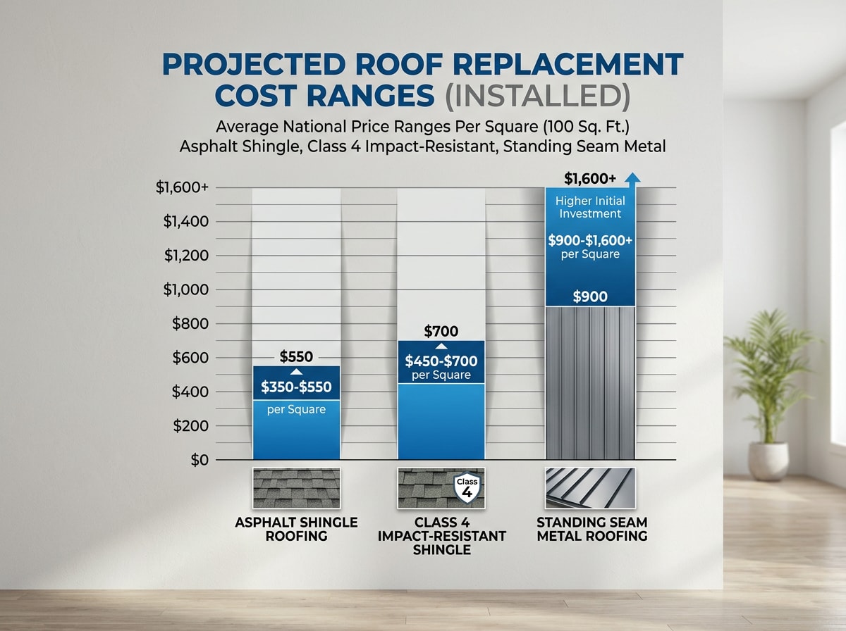 Bar chart comparing average Omaha roof replacement cost by material: asphalt, Class 4 shingle, and standing seam metal