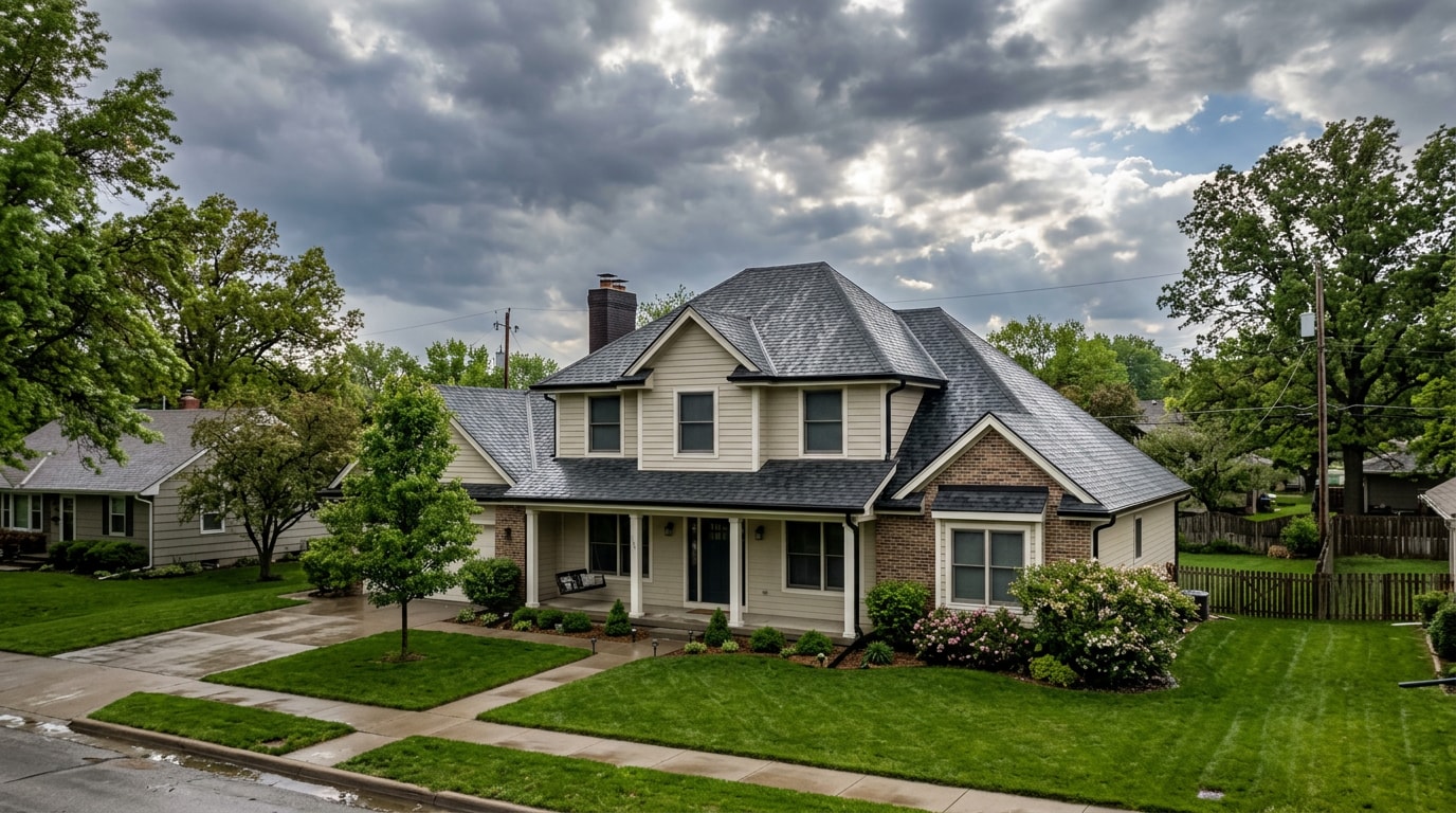 Newly installed roof on a residential home in Omaha, NE under a storm-clearing sky