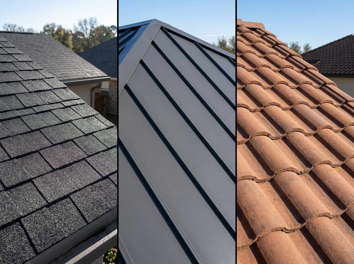 Side-by-side comparison of asphalt shingle, metal, and tile roofing materials on Missouri homes