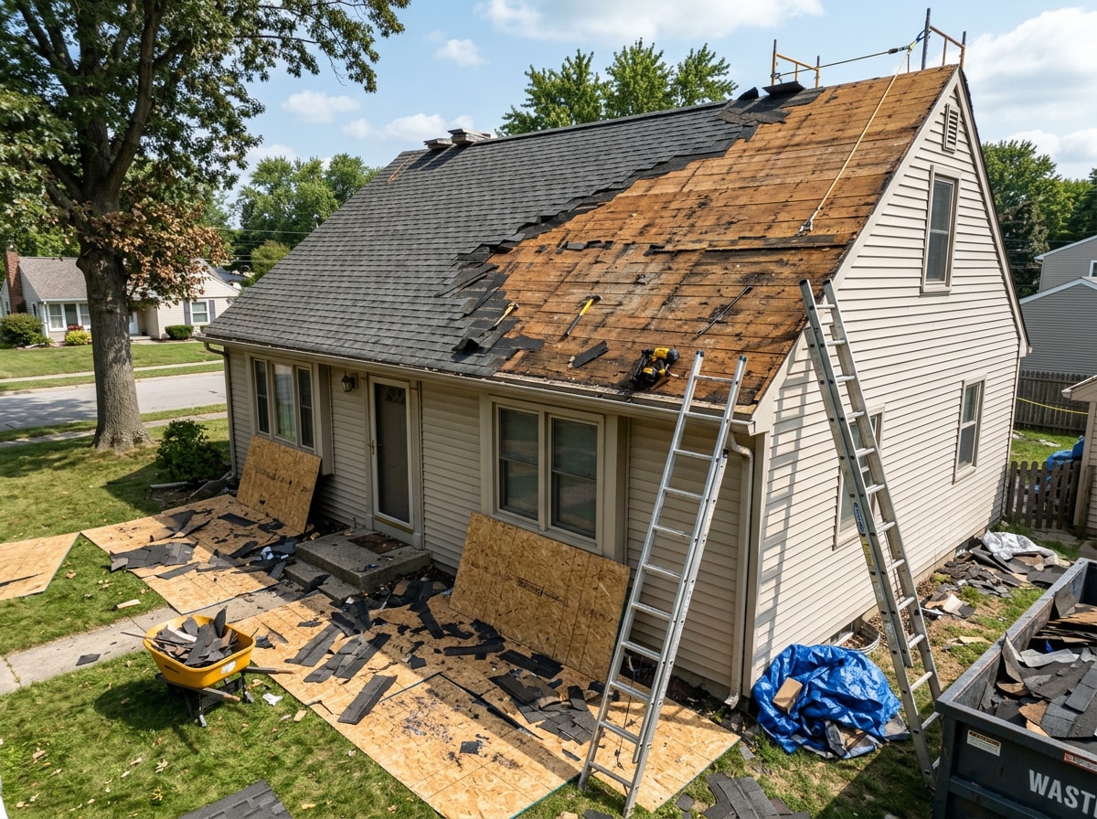 Roofing crew performing tear-off and site preparation on a residential Missouri roof