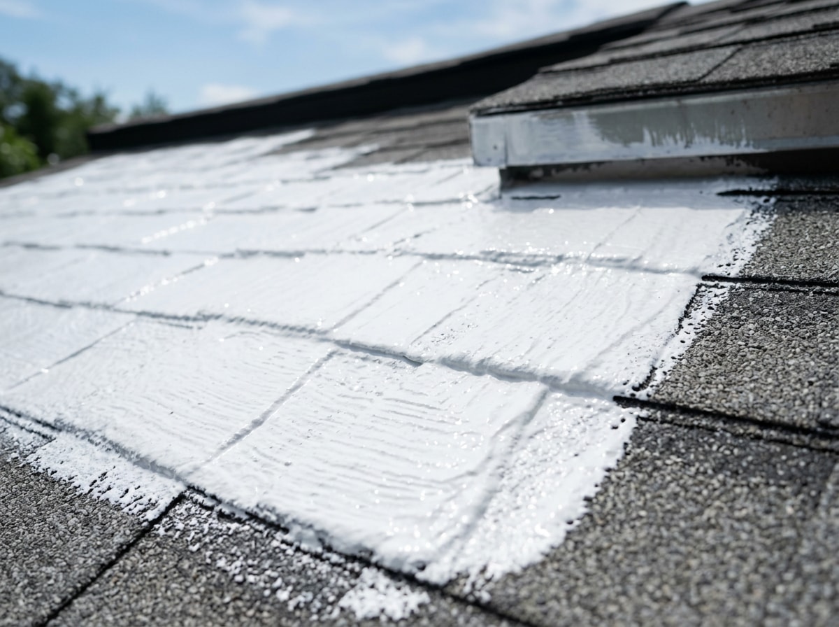 Technician applying a white reflective roof coating to a residential asphalt shingle roof in Kansas City