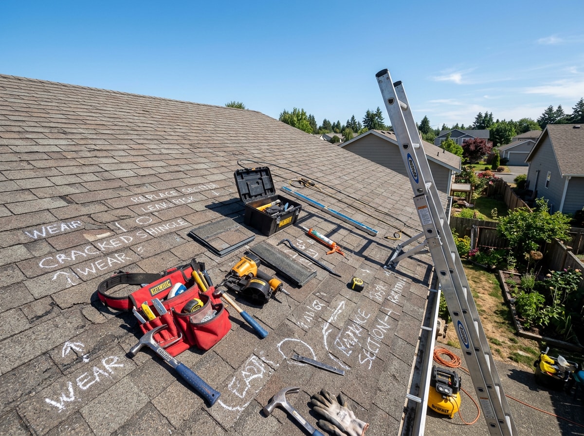 Roofing crew inspecting shingle condition before beginning a roof restoration project