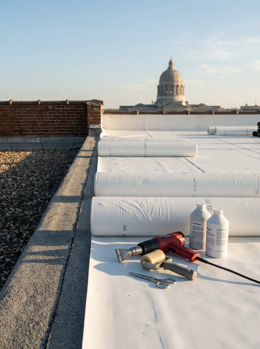 Roofing crew installing TPO membrane on a flat commercial roof in Jefferson City, Missouri, with the Missouri State Capitol dome visible in the distance.