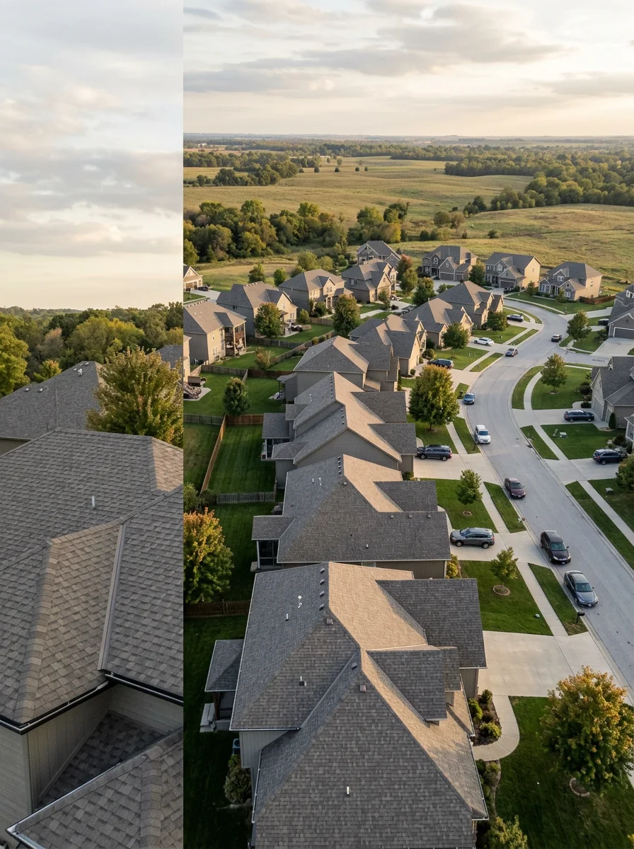 Aerial view of a Kansas City Northland subdivision roofline showing architectural shingle roofs on single-family homes with open prairie terrain visible in the background.