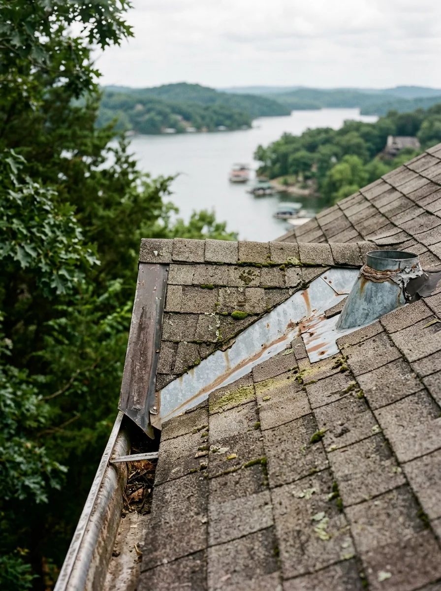 Close-up of a roofing crew inspecting shingle condition and flashing on a lake-area vacation home in the Lake of the Ozarks region of Missouri.