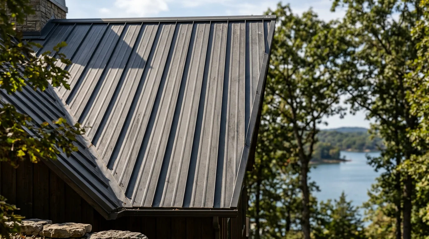 Steep-sloped residential roof on a lakefront home near Osage Beach, Missouri, with standing seam metal panels and mature tree canopy visible along the shoreline.