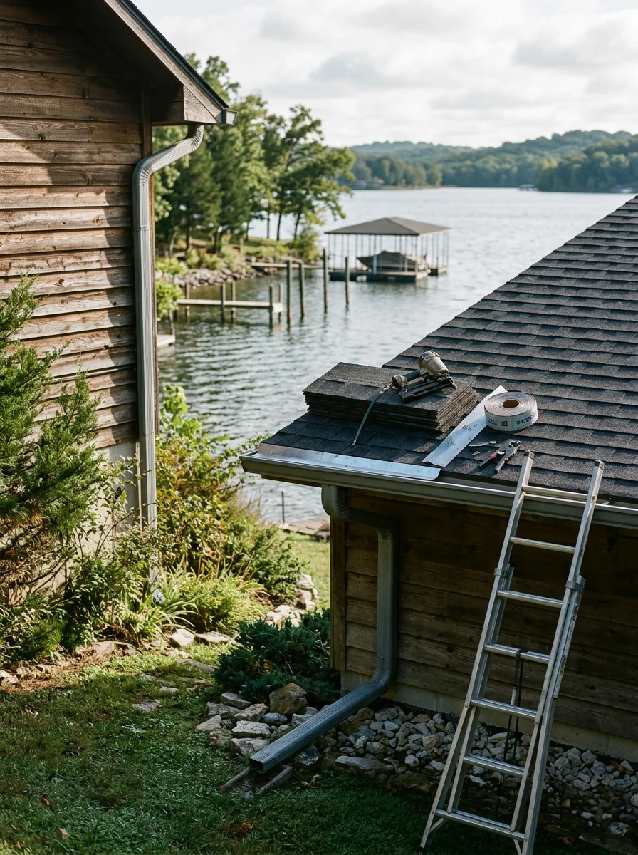 Roofing crew repairing flashing and gutters on a home near the Lake of the Ozarks shoreline