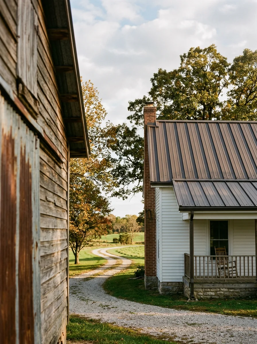 Family-owned roofing crew installing metal roofing panels on a rural Midwest farmhouse with a low-slope agricultural outbuilding visible on the same property.
