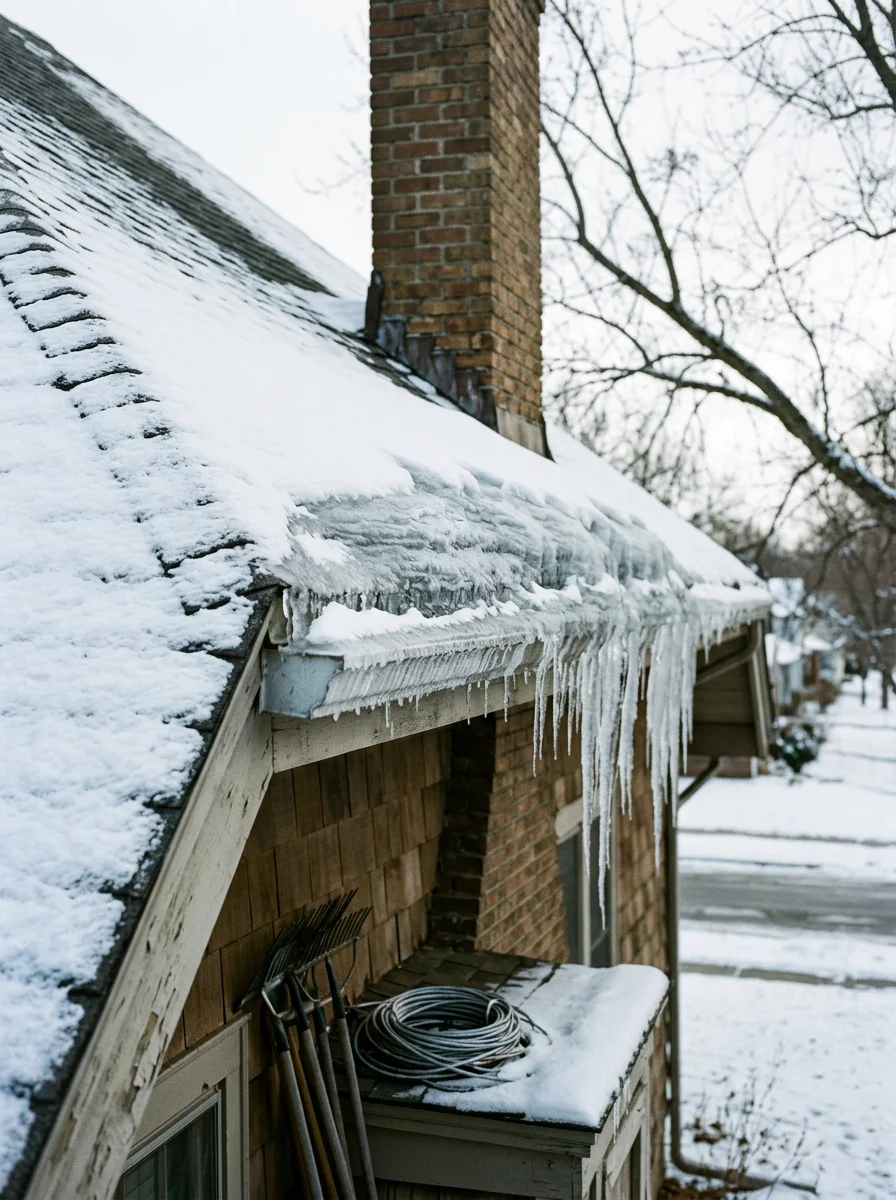 Ice dam forming along the eave of a sloped residential roof in winter