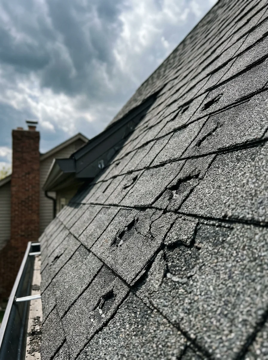 Close-up of hail impact marks and granule loss on asphalt shingles on an Omaha, Nebraska home roof following a spring storm.