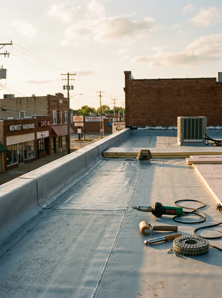Commercial TPO flat roof installation on a retail building along a Springfield, Missouri commercial corridor, with membrane seams being heat-welded by a roofing crew.