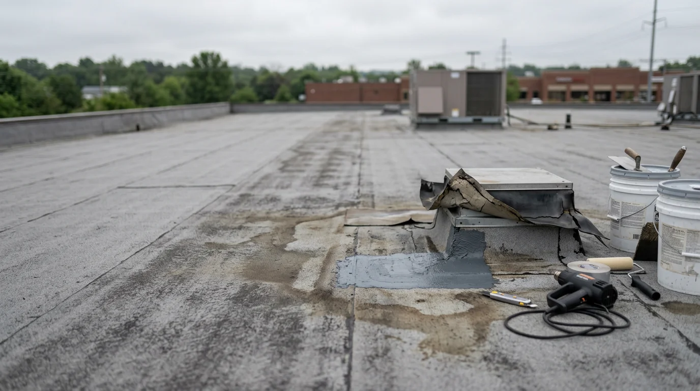 A commercial flat roof on a business property near Lake of the Ozarks being inspected and repaired after storm damage, with repaired membrane sections and sealed flashing visible around rooftop equipment.