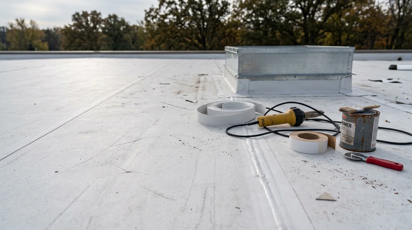 Commercial flat roof on a retail building near the Lake of the Ozarks, Missouri, showing a low-slope membrane system with rooftop drainage details visible against a clear Ozarks sky. Roof Direct Midwest commercial roofing work in the Osage Beach and Camdenton service area.