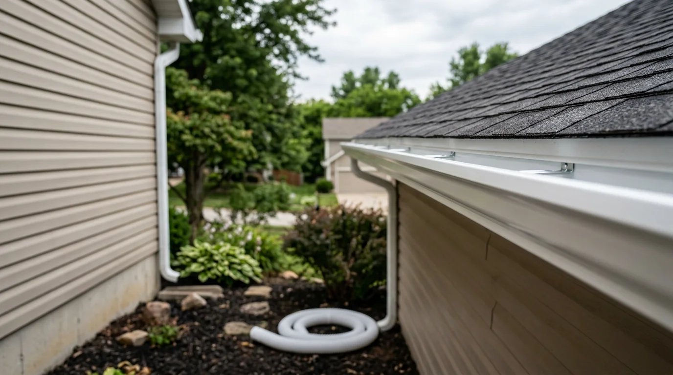 Newly installed gutters running along the roofline of a residential home near Lake of the Ozarks, with downspouts positioned to direct water away from the foundation. The surrounding landscape reflects the wooded, sloped terrain common to the Osage Beach and Camdenton area.