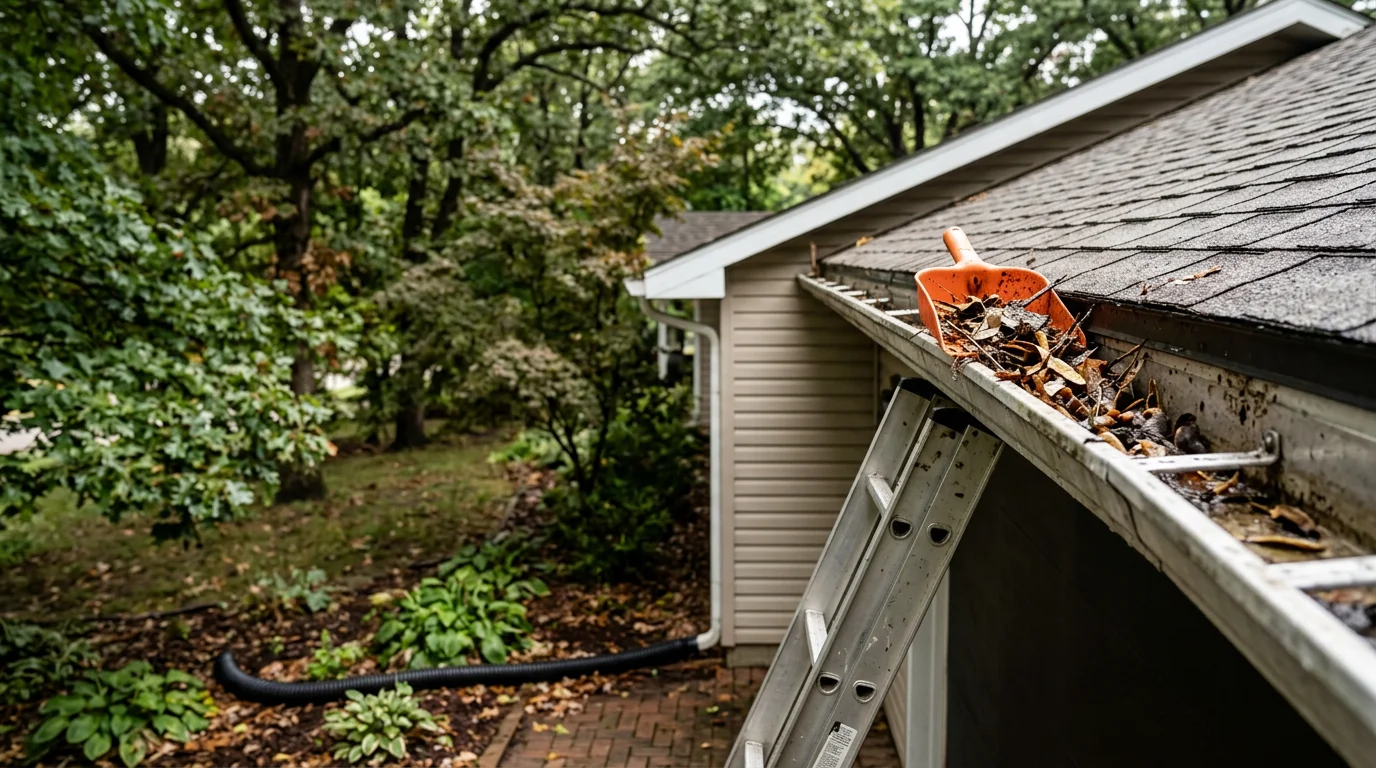 A Roof Direct Midwest technician clearing leaves and storm debris from a residential gutter on a wooded lakefront property near Lake of the Ozarks. Clean, flowing downspouts visible against the home's exterior after service is complete.