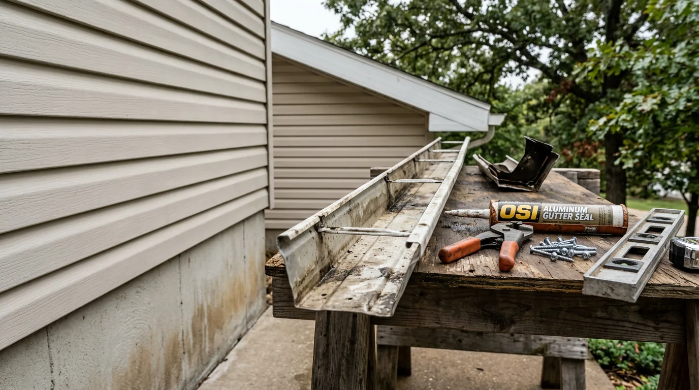 A repaired residential gutter running along a roofline on a home near Lake of the Ozarks, Missouri, with water draining cleanly through a downspout away from the foundation. Close-up view shows a resealed seam and reattached fascia bracket on a wooded lakeside property.