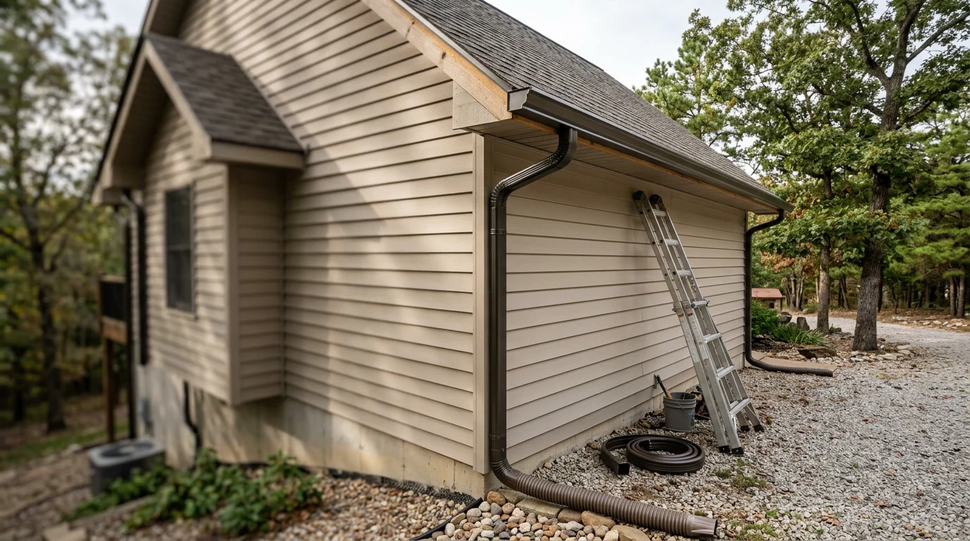 New gutter system installed along the roofline of a lakefront home in Osage Beach, Missouri, with downspouts positioned to direct water away from the foundation on a sloped lot.
