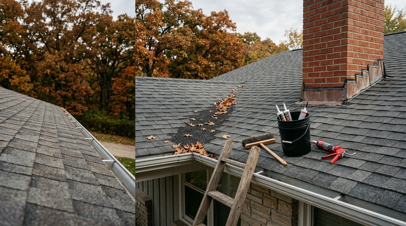 A roofing contractor inspecting shingles and flashing on a residential home near Lake of the Ozarks, Missouri. Close-up view of a roof valley being cleared of debris during a preventative maintenance visit in the Osage Beach area.