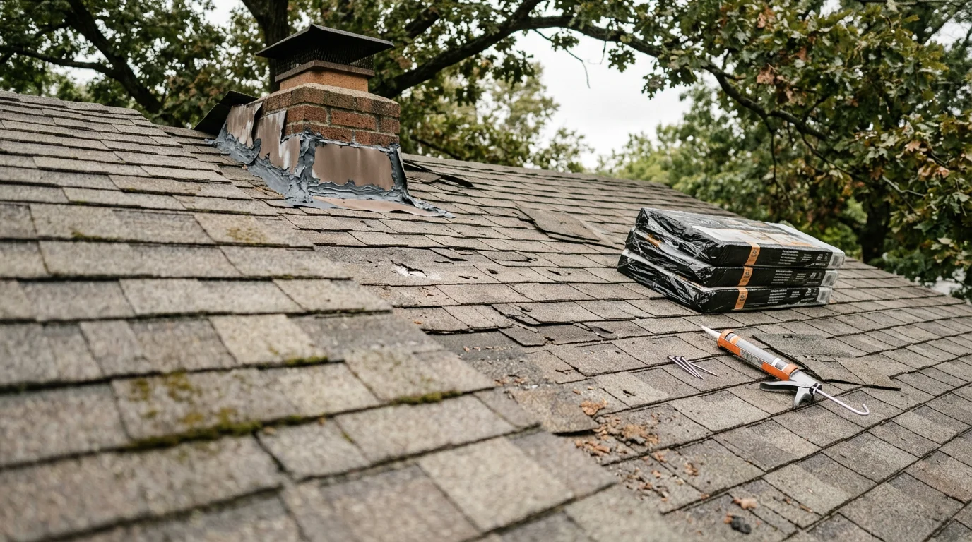 A residential home near Lake of the Ozarks with repaired shingles and resealed flashing visible on the roof slope. A Roof Direct Midwest crew member inspects the completed repair on a lakeside property in the Osage Beach area.