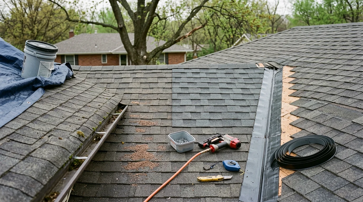 A repaired residential roof in the Lake of the Ozarks area showing replaced shingles and restored flashing after storm damage. The home is surrounded by mature trees typical of the Osage Beach and Camdenton region.