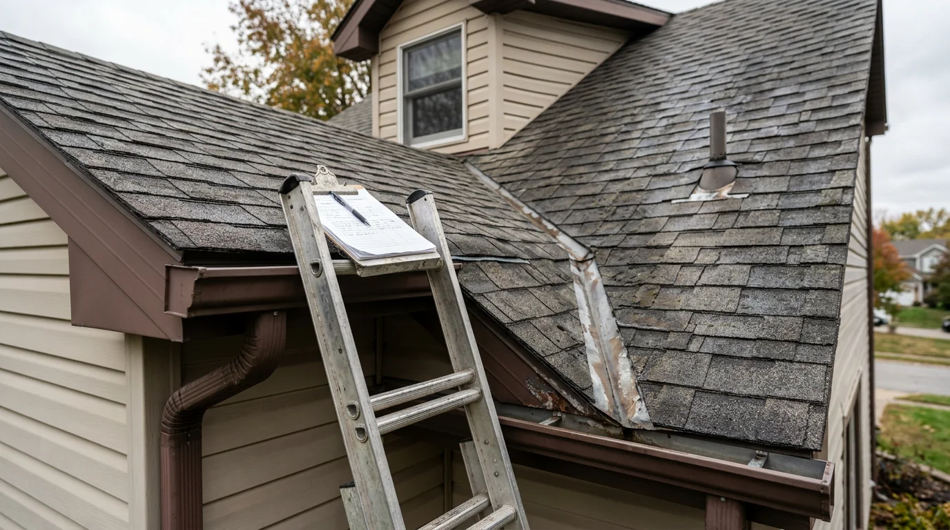 A roofing contractor from Roof Direct Midwest inspecting shingles and flashing on a residential roof near Lake of the Ozarks, Missouri. Close-up view of the roof surface showing the inspection process on a lakeside home in the Osage Beach area.