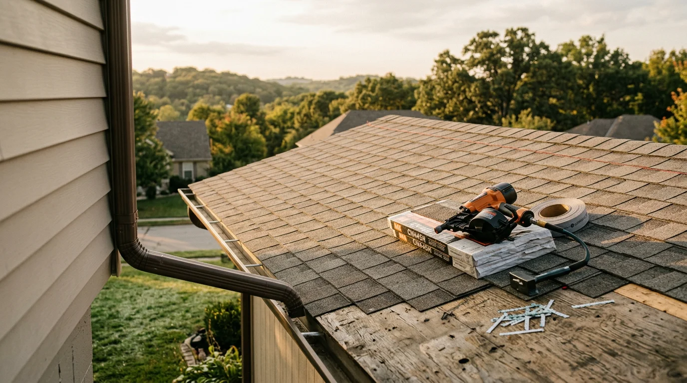 A newly installed residential roof on a home near Lake of the Ozarks, Missouri, with clean ridge lines and fresh shingles visible against a partly cloudy Ozarks sky. The property sits in a wooded lakeside setting typical of the Osage Beach and Camdenton area.