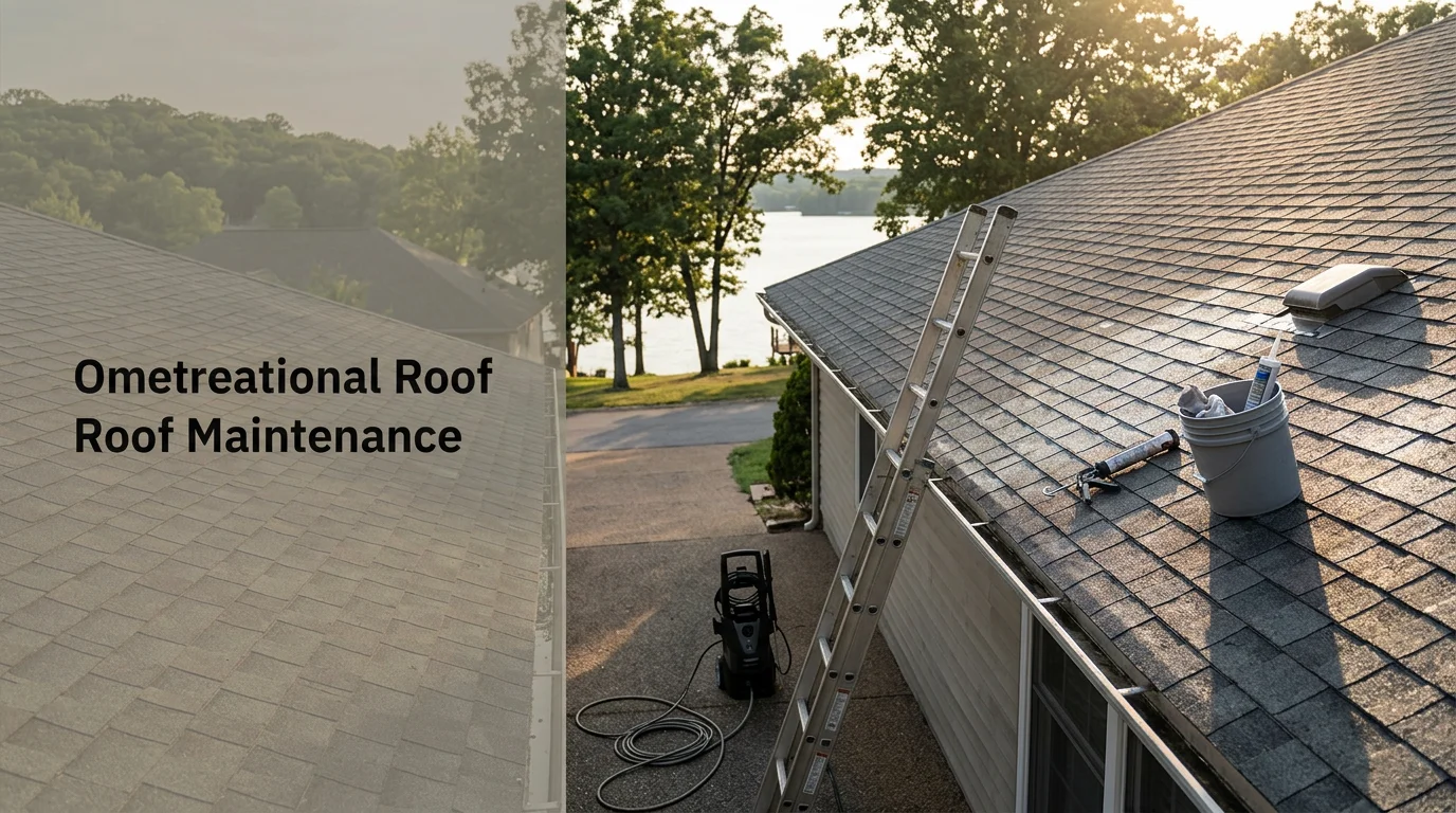 A roofing professional inspecting shingles and flashing on a residential home near Lake of the Ozarks, Missouri. The image shows a close-up of a well-maintained roof surface with the lake environment visible in the background.