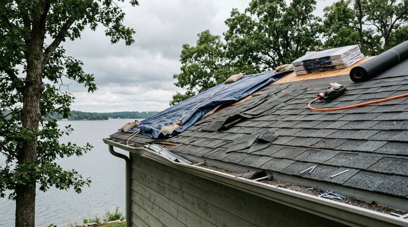 A residential roof in the Lake of the Ozarks area showing wind-lifted shingles and exposed decking along the ridge line after a severe thunderstorm. A roofing contractor inspects the damage from a ladder against the side of the home.