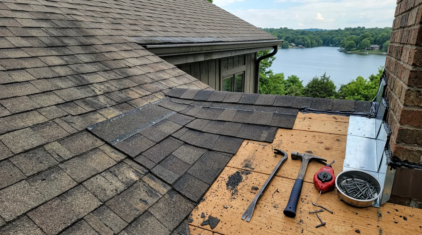 A repaired residential roof on a lake-area home near Osage Beach, Missouri, showing replaced shingles and sealed flashing after storm damage. The surrounding tree canopy and lake-region setting are visible in the background.