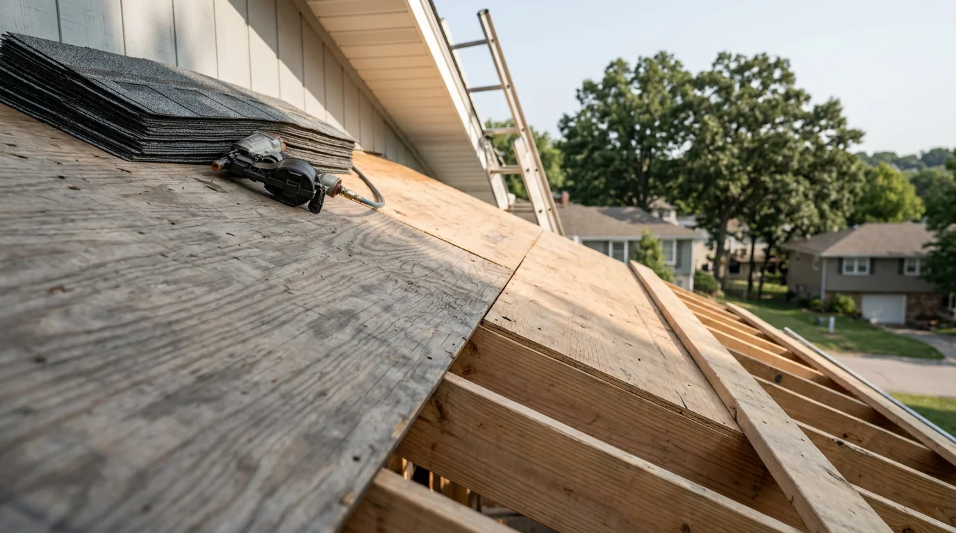 A completed residential roof replacement on a lake-area home near Osage Beach, Missouri, showing a full new roofing system installed over a wood-framed house with tree coverage typical of the Lake of the Ozarks region.
